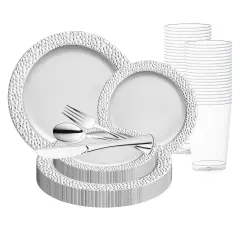 White with Silver Hammered Rim Round Plastic Wedding Value Set (120 Settings)