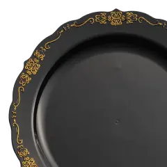 Black with Gold Vintage Rim Round Disposable Plastic Dinner Plates - 10" (120 Plates)