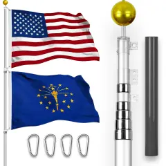 G128 Combo Pack: 25 Ft Telescoping Aluminum Flagpole (Silver) & American and Indiana Flags 3x5 Ft, Both StormFlyer Series Embroidered 220GSM Spun Polyester | Pole with Flags Included