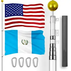 G128 Combo Pack: 20 Ft Telescoping Aluminum Flagpole (Silver) & American and Guatemala Flags 3x5 Ft, Both ToughWeave Series Embroidered Polyester | Pole with Flags Included