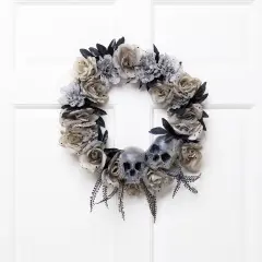 Northlight Double Skull and Roses Artificial Halloween Wreath- 16" - Unlit Gray
