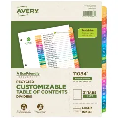 Avery EcoFriendly Recycled 1-31 Dividers for 3 Ring Binders, 31 Tabs per Set, Customizable Table of Contents, Multicolor Tabs (11084)