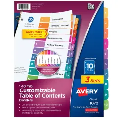 Avery Dividers for 3 Ring Binders, 10 Tabs per Set, Customizable Table of Contents, Multicolor Tabs (3 Sets of 11072)
