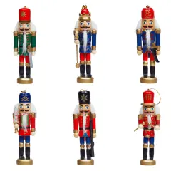 6 Pack Wood Nutcracker Ornaments for Christmas Tree, Rustic Holidays Decorations in 6 Designs (7.2 x 1.1 x 1.1 Inches) Red