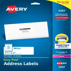 Avery Easy Peel Address Labels, Sure Feed Technology, Permanent Adhesive, 1-1/3" x 4", 350 Labels (5262)