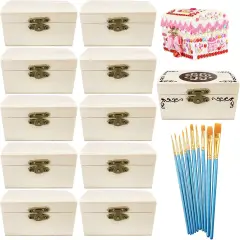 12 Piece Small Wooden Boxes with Hinged Lids Unfinished Wood Chest Decorate Mini Treasure Boxes
