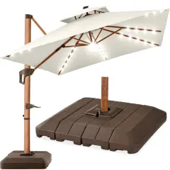 Best Choice Products 10ft Square Woodgrain Pattern 2-Tier Outdoor Solar LED Cantilever Umbrella w/ Base Ivory