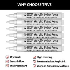 6 Pieces White Acrylic Paint Marker Pens - 2-3mm Medium Tip,Permanent White Water Based Paint Pen for DIY Projects, Paintings for Rock, Fabric, Wood, Leather, Metal, Ceramics, Paper, Glass, Plastic