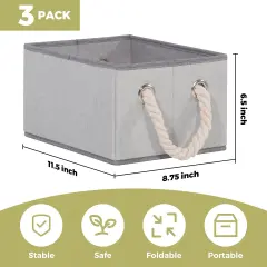 3 Pieces Collapsible Storage Bins Cubes With Handles, Decorative Storage Baskets For Shelves Organizing, Sturdy Organizers Storage Boxes for Closet, Cloth, Toys, Books,Pantry, Gray, Medium