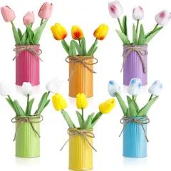 6 Sets Spring Tables Centerpieces Easter Office Decorations Artificial Tulip with Galvanized Metal Pot Colorful Artificial Tulips Flowers Decoration for Home Office Wedding Party Baby Shower