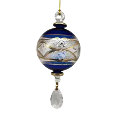 Etched Blown Glass Ball with Crystal Dangle - Blue