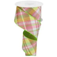 2.5" Diagonal Plaid Fused Ribbon: Spring Green (10 Yards)