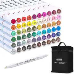 Art 61 Colors Dual Tip Art Markers, 60 Colors plus 1 Blender Alcohol Based Permanent Marker Pens Highlighters with Case Perfect for Illustration Adult Coloring Sketching and Card Making