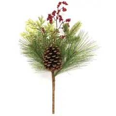 Winter Berry Pinecone Pick with Frosted Pine and Red Berries 17 Inch