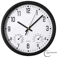 Clockswise Non-Ticking Quartz Wall Clock with Thermometer & Hygrometer - Battery Operated Plastic Analog Clock for Temperature & Humidity Monitoring - Ideal for Home, Office or School, Black