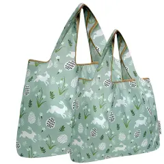 Wrapables Large & Small Foldable Tote Nylon Reusable Grocery Bags, Set of 2, Easter Bunny