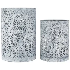 Northlight Laser-Cut Floral Iron Pillar Candle Holders - 10" - Gray and White - Set of 2
