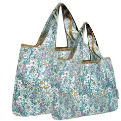 Wrapables Large & Small Foldable Tote Nylon Reusable Grocery Bags, Set of 2, Spring Flora