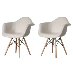 Mid-Century Modern Style Fabric Lined Armchair with Beech Wooden Legs White Set of 2