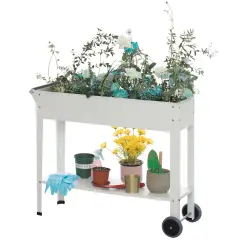 Mobile Planter Raised Garden Bed Rectangular Flower Cart with Shelf