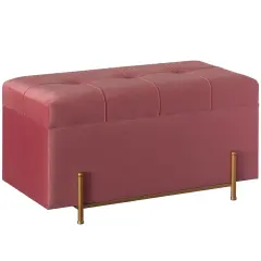 Large Rectangle Velvet Storage Ottoman Stool Box with Golden Legs | Decorative Sitting Bench for Living Room Home Decor with Cylindrical Golden Support Pink