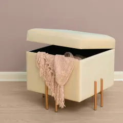 Square Velvet Storage Ottoman with Rose Gold Legs Ivory