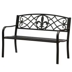 Outdoor Garden Patio Steel Park Bench Lawn Decor with Cast Iron Unique Design Back, Black Seating Bench for Yard, Patio, Garden, Balcony, and Deck