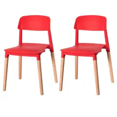 Modern Plastic Dining Chair Open Back with Beech Wood Legs Set of 2 Red
