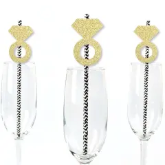 Big Dot of Happiness Gold Glitter Diamond Ring Party Straws - No-Mess Real Glitter Cut-Outs & Bridal or Bachelorette Party Paper Straws - Set of 24