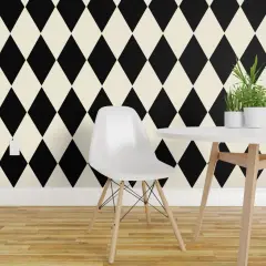 Peel & Stick Wallpaper 2FT Wide Diamonds Cosmic Latte Black Large Cream Geometric Squares White Checkered Custom Removable Wallpaper by Spoonflower