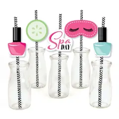 Big Dot of Happiness Spa Day - Paper Straw Decor - Girls Makeup Party Striped Decorative Straws - Set of 24