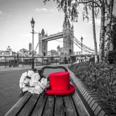Red Hat with bunch of Roses on a bench near Tower Bridge, London, UK Poster Print byAssaf Frank - Item # VARPDXAF20150627166C01