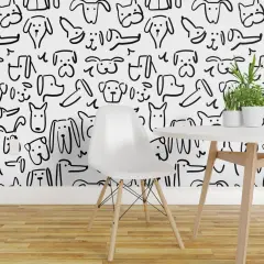 Pre-Pasted Wallpaper 2FT Wide Doodle Dogs Black And White Cute Modern Whimsical Dog Custom Pre-pasted Wallpaper by Spoonflower