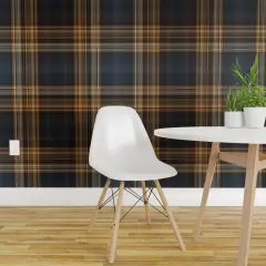 Pre-Pasted Wallpaper 2FT Wide Blue Brown Tartan Traditional English Scottish Masculine Rustic Large Scale Classic Style Elegant Custom Pre-pasted Wallpaper by Spoonflower