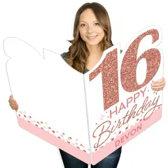 Big Dot of Happiness 16th Pink Rose Gold Birthday - Happy Birthday Giant Greeting Card - Big Shaped Jumborific Card - 16.5 x 22 inches