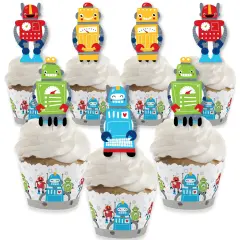 Big Dot of Happiness Gear Up Robots - Cupcake Decoration - Birthday Party or Baby Shower Cupcake Wrappers and Treat Picks Kit - Set of 24