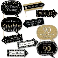 Big Dot of Happiness Funny Adult 90th Birthday - Gold - Birthday Party Photo Booth Props Kit - 10 Piece