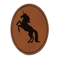 Majestic Unicorn Rearing Up Round Iron-On Engraved Faux Leather Patch Applique - 2.5" Brown