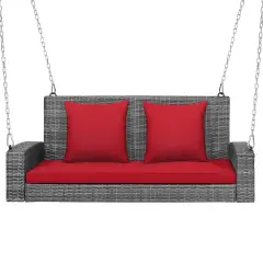 2-Person Patio PE Wicker Hanging Porch Swing Bench Chair with Cushion Red