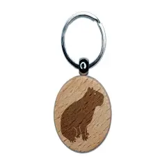Capybara Rodent Silhouette Engraved Wood Round Keychain Tag Charm