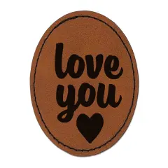 Love You with Heart Round Iron-On Engraved Faux Leather Patch Applique - 2.5" Brown