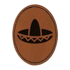 Sombrero Mexico Mexican Fiesta Hat Round Iron-On Engraved Faux Leather Patch Applique - 2.5" Brown