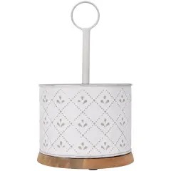 Northlight 7" White Round Embossed Utensil Caddy with Wooden Base