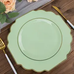 10 Pcs 12" Disposable Baroque Plastic Dinner Plates with Gold Rim Sage green w/gold