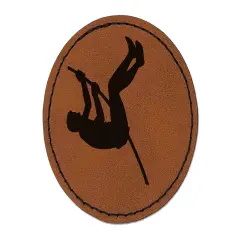 Pole Vaulter Track and Field Solid Round Iron-On Engraved Faux Leather Patch Applique - 2.5" Brown