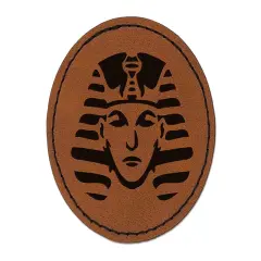Ancient Egyptian Pharaoh with Crown Round Iron-On Engraved Faux Leather Patch Applique - 2.5" Brown