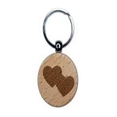 Double Heart Symbol Engraved Wood Round Keychain Tag Charm