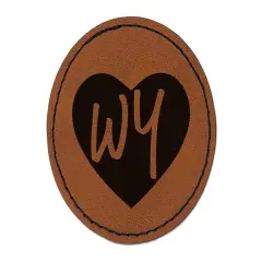 WY Wyoming State in Heart Round Iron-On Engraved Faux Leather Patch Applique - 2.5" Brown