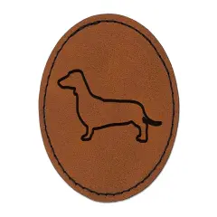 Smooth Haired Dachshund Dog Outline Round Iron-On Engraved Faux Leather Patch Applique - 2.5" Brown