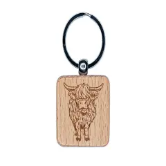 Shaggy Highland Cow Eating Grass Engraved Wood Square Keychain Tag Charm
